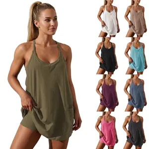 Women's Athletic Sleeveless Mini Dress with Built-in Shorts Summer V Neck Spaghetti Strap Short Spring Tennis Dress with Pockets