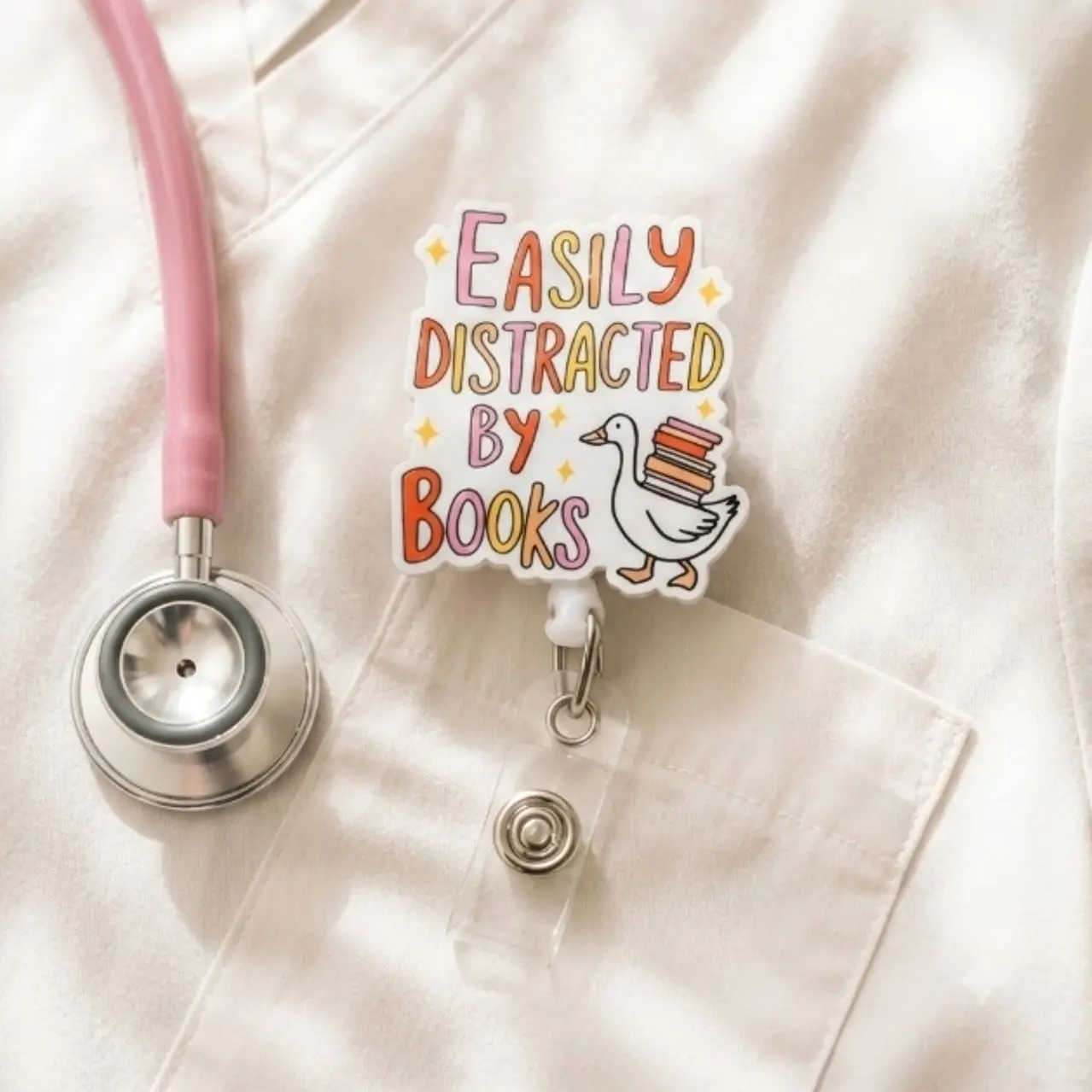Cute Goose "Easily Distracted by Books" Glitter Badge Reel - Retractable ID Clip for Nurses & Book Lovers