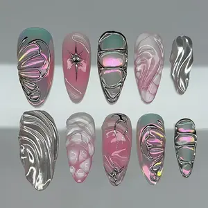 Silver Color Butterfly Pearl Handmade Press on Nails, Rhinestone Embellished, Nail Art, 24pcs Detachable Manicure, Style, Flammable Liquid No, Single Item Pack, Star Pattern Rhinestones, Removable False Nails