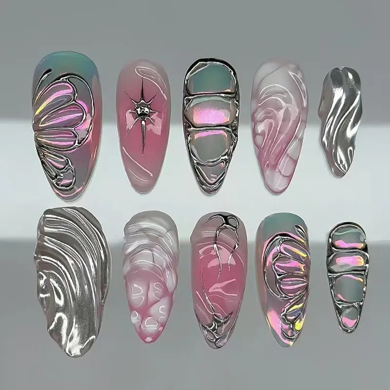 Silver Color Butterfly Pearl Handmade Press on Nails, Rhinestone Embellished, Nail Art, 24pcs Detachable Manicure, Style, Flammable Liquid No, Single Item Pack, Star Pattern Rhinestones, Removable False Nails, DIY Fake Nails, Decorative Nails