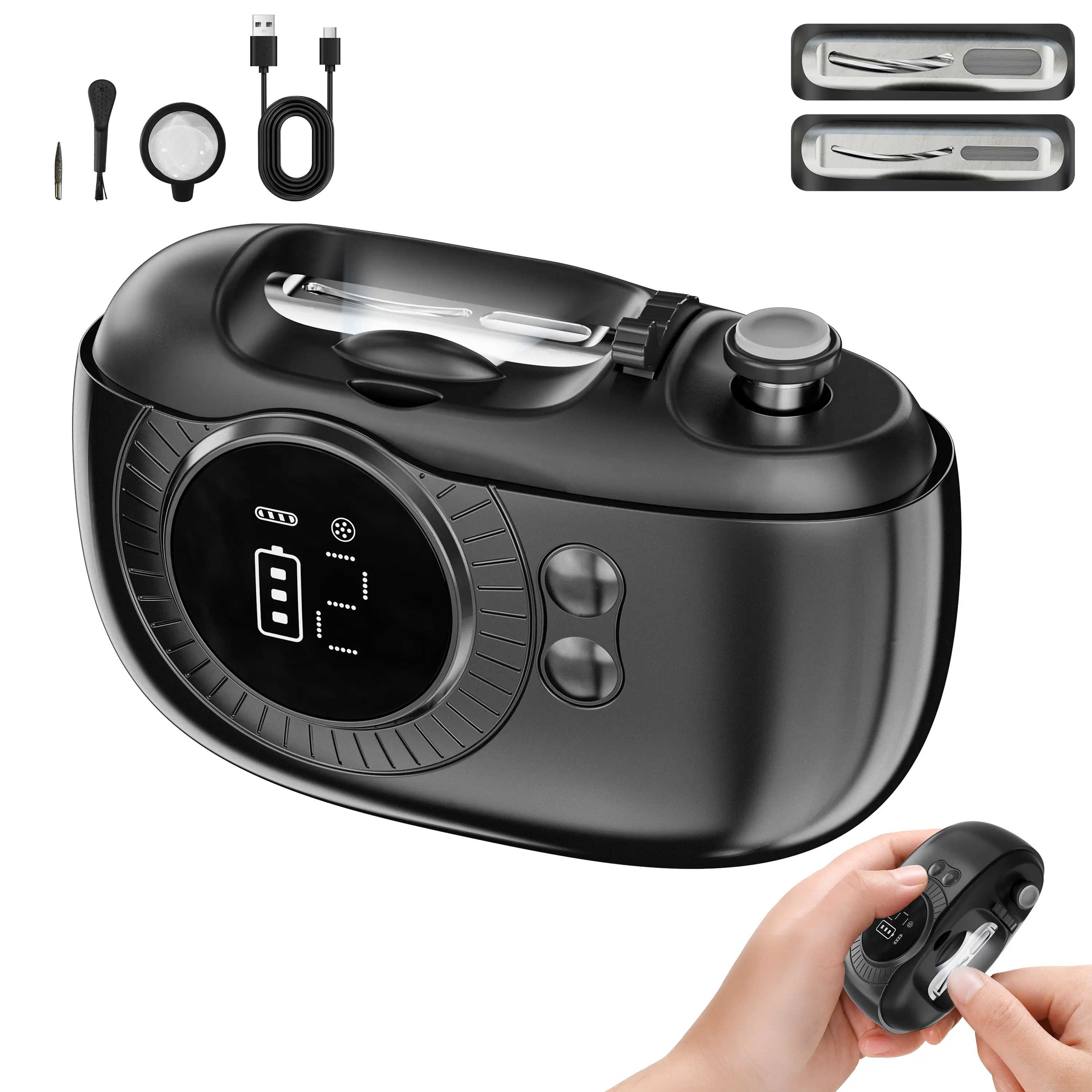 Electric Nail Clipper with Debris Catcher (featuring 5x magnifier and LED light)—a safe, automatic trimmer and polisher ideal for seniors; rechargeable, dual-speed tool for trimming thick nails.