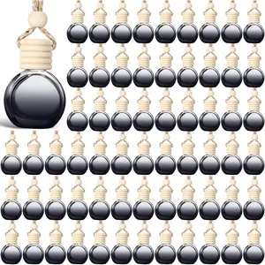BBTO 100 Pcs Car Air Fresheners Diffuser with Wooden Cap Empty Aromatherapy Diffuser Clear Car Fragrance Holder Pendant Hanging Perfume Fresheners Bottles for Decor (Black,Round)
