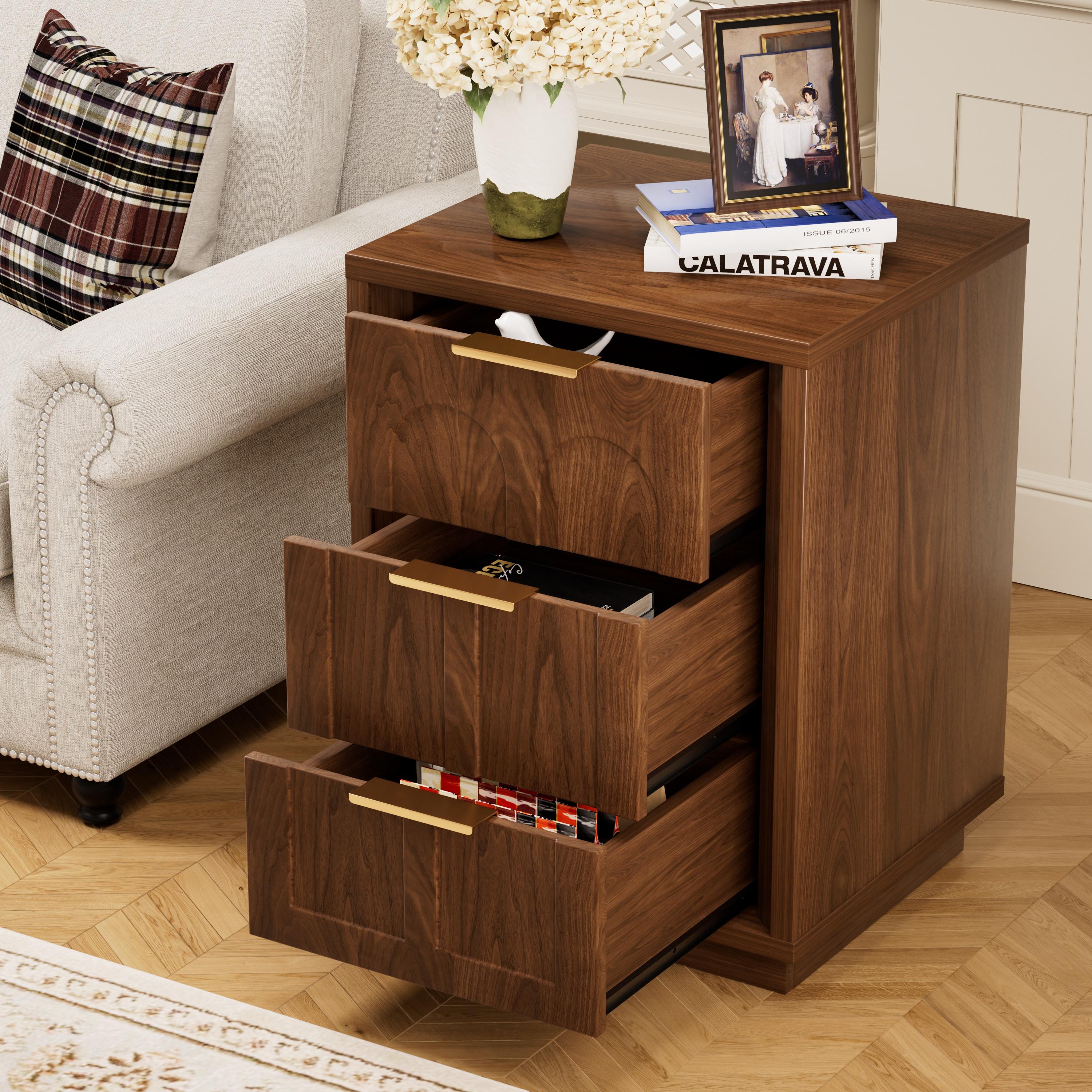 2-Pack Retro Nightstands, Mid-Century Modern 3-Drawer Bedside Tables with Gold Handles, Walnut Charger Station Cabinet, Sturdy Base Wood-Metal Indoor Bedroom Furniture 2-piece set