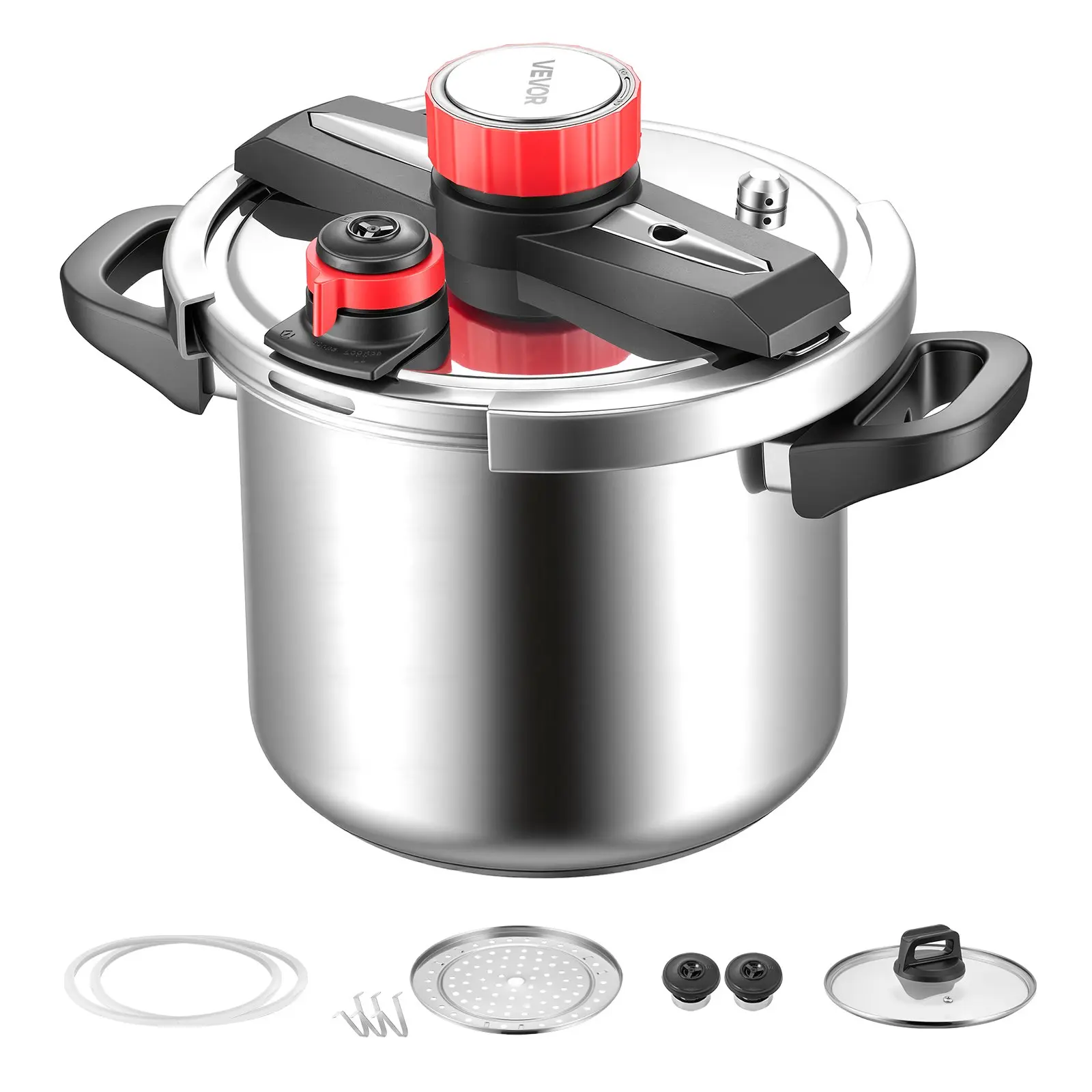 VEVOR 8Qt (7L) Stainless Steel Stovetop Pressure Cooker & Canner, Smooth Locking Lid, 100 kPa High-Pressure Efficiency, 3 Settings (Meat, Beans), Steamer Basket, Tempered Glass Lid for Everyday Cooking