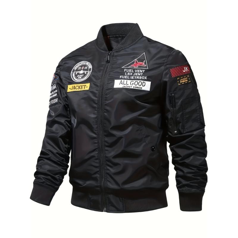 Men's Air Force Themed Letters Embroidery Baseball Collar Jacket, Casual Stylish Long Sleeve Windproof Motor Coat Outdoor Clothes