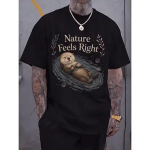 Nature Feels Right Otter Graphic Tee Vintage Style Woodland Animal Printed Tee Cute Sea Otter Illustration On Black Casual Wear Unisex Top Summer Shirt Streetwear Aesthetic Tee Trendy Design Soft Fabric Comfortable Everyday Wildlife Lover Gift