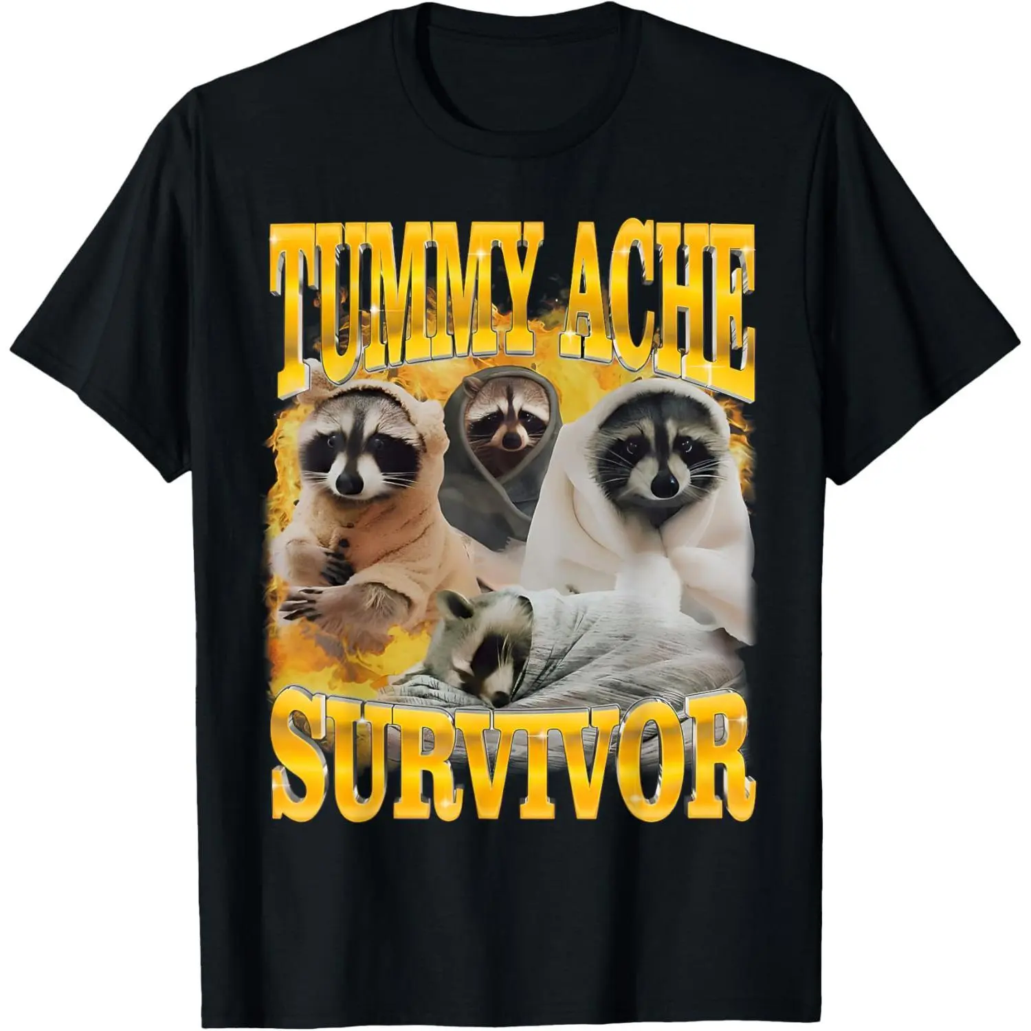 Menswear 1-Piece Crew Neck Shortsleeve Top - Funny Humor Raccoon Meme, "I Survived Today's Tummy Ache" Graphic, Casual Tops for Daily Outing, T-Shirt