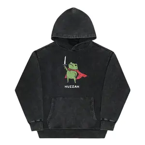 Huzzah FROG Acid Wash Hoodie | Oversized Vintage Hoodie for Men & Women | Distressed Graphic Hoodies for Fall Outfits | Unisex Heavyweight Hoodie with Pockets | Casual Outfits Men & Couples 111008 Long Sleeve Stylish   graphic hoodies   for women