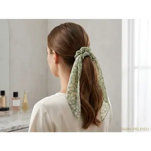 Fashion Flower Print Bow Satin Long Ribbon Ponytail Scarf