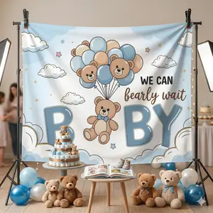 2D Flat, 1pc Adorable Bear & Balloon Shower "We Can Barely Wait"  Banner - Cute Bear Cub with Balloons Wall Decor, Party Background, Clear HD Print Polyester banner