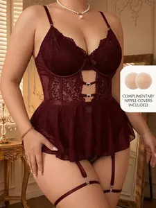 Women's Exotic Nightwear Plus Size fashion Snatched Sexy Lingerie Set for Women Lace Babydoll Bodysuit with Garter Belts Heart Rhinestone Cut Out Teddy Skirted Chemise