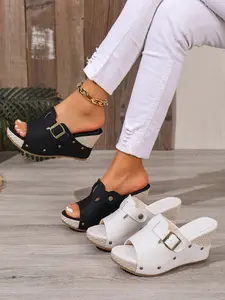 Women's Thick Sole Wedge Fashion Sandals, PU Leather Round Toe, Rubber Sole, Elegant Style, Suitable for Various Occasions
