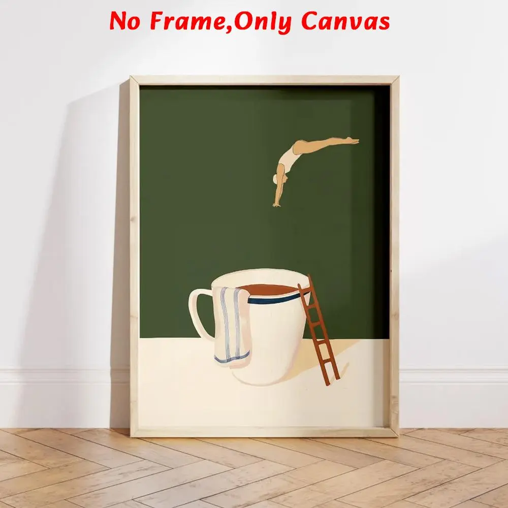Coffee Cup & Diver Pattern Unframed Painting, 1 Count Modern Art Design Hanging Wall Art Canvas Printing, Art Work For Wall Decor, Wall Decor for Home Living Room Bedroom Study Room, Artistic Indoor Decoration