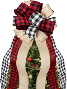 Christmas Tree Topper Large Buffalo Plaid Burlap Red and Black Gift Bow for Xmas Tree Handmade Holiday Party Decorations-13 x 29 Inch