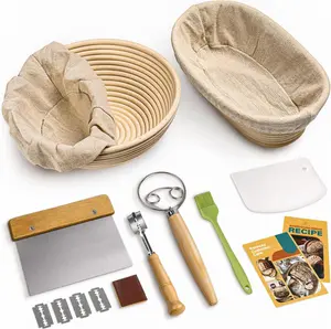 Sourdough Proofing Basket Set - 9 in Round & 10 in Handwoven Indonesian Rattan Wood Baskets, Bakeware Kit with Dough Whisk, Lame, Dough Scraper, Bowl Scraper, Smooth Washable Silicone Brush for Kitchen Baking