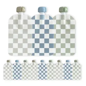 Reusable Baby Food Pouches for Toddlers - BPA Free Food Grade - Dishwasher & Freezer Safe - Baby Food Containers - Refillable Squeeze Pouch For Applesauce & Yogurt - 12 Pack (Checkered)