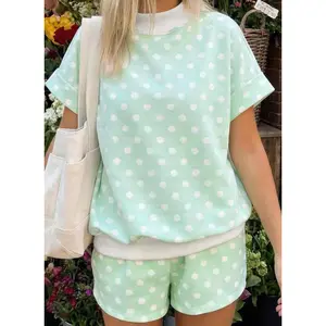 Green Polka Dot Print Color Block Trim Mock Neck Short Set