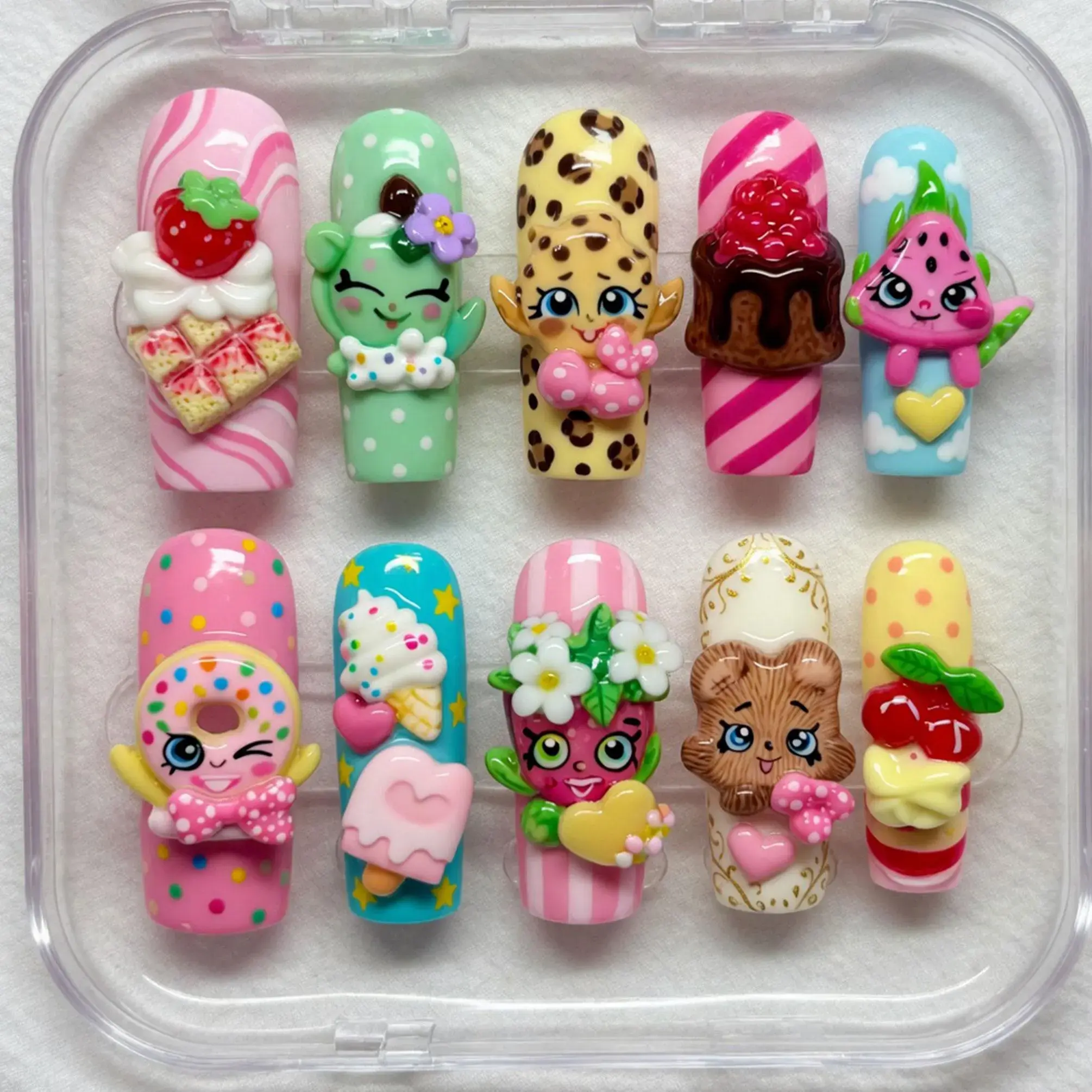 Handmade Cute Dessert Press On Nails, 3D Strawberry Donut & Ice Cream Design, Leopard Print Kawaii Nails, Gift for Her