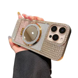 Sparkle Diamond Phone Case with Mirror Stand for iPhone 16/15/14 Pro Max | Shockproof Bling Aesthetic Cover Holder Pink Black