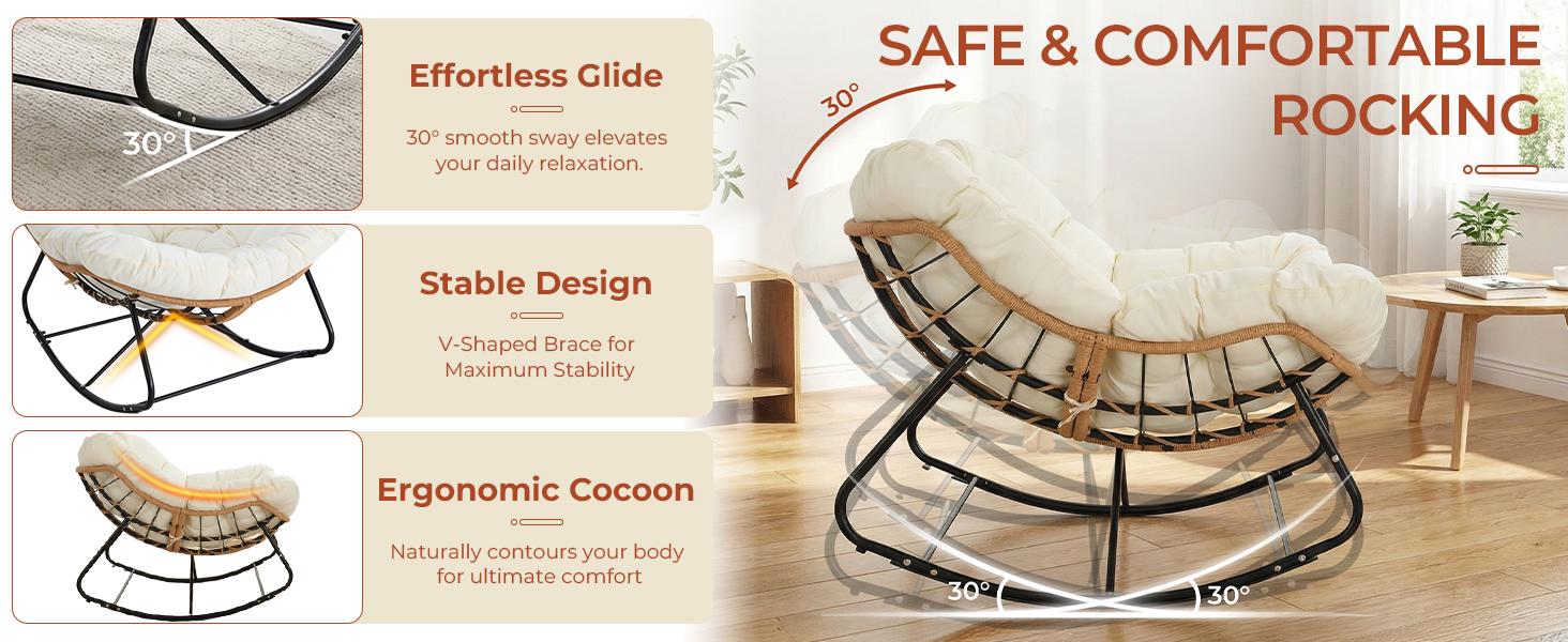 Arlopu Outdoor Papasan Rocking Chair, Oversized Padded Lounge Rocker with Cushion, Comfy Wicker Egg Lounge Chair, Large Indoor Rocking Recliner for Living Room/Porch/Garden