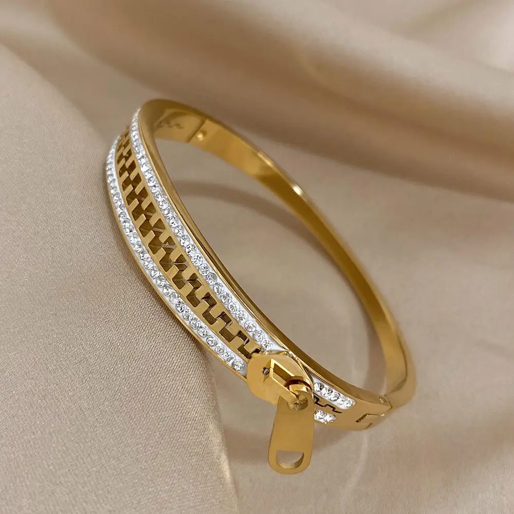 Hotoo Unique Zipper Bangle Bracelet for Women, 18K Gold Plated Sparkly Rhinestone Cuff, Edgy Y2K Statement Jewelry, Hollow Geometric Crystal Cuff Unique Gift for Teen Girls backtoschoolshopping