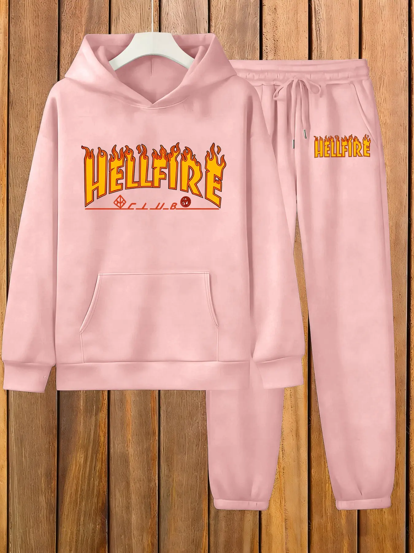 Women's Hooded Sweatshirt Set, Fall & Winter Casual Fitted, Hellfire Club Flame Text Print, Dark Cool Style, Party Daily Wear