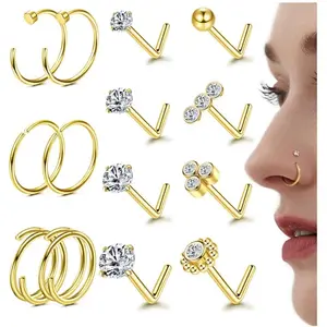 Trendy Summer Hypoallergenic 14K Gold Plated Nose Rings Studs 20G 316L Surgical Steel Nose Ring Gold L Shaped Nose Studs Hoop Nose Rings Set for Women Men Simulated Diamond Nose Piercing Jewelry(14Pcs)