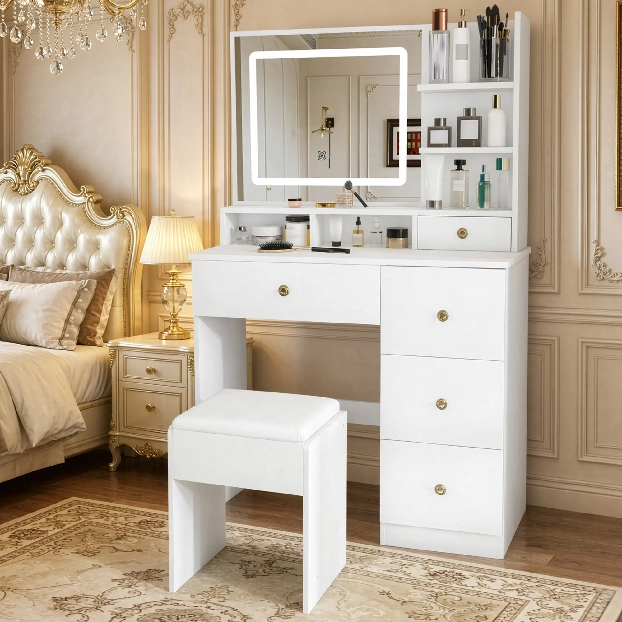 Makeup Vanity Desk with Mirror and LED Lights, Makeup Vanity Table Set with Drawers, Stool and Open Shelves, 3 Color Lighting Modes Brightness Adjustable Dressing Table for Bedroom