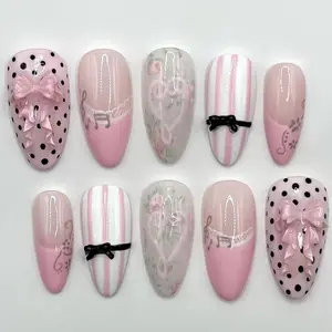 30Pcs Press on Nails Medium Almond Fake Nails with lace, Musical Note, Vine, Bow, Polka Dot Pattern Glossy Cute Bows Gradient Stick on Nails Sweet False Nails Full Cover Artificial Nails for Women