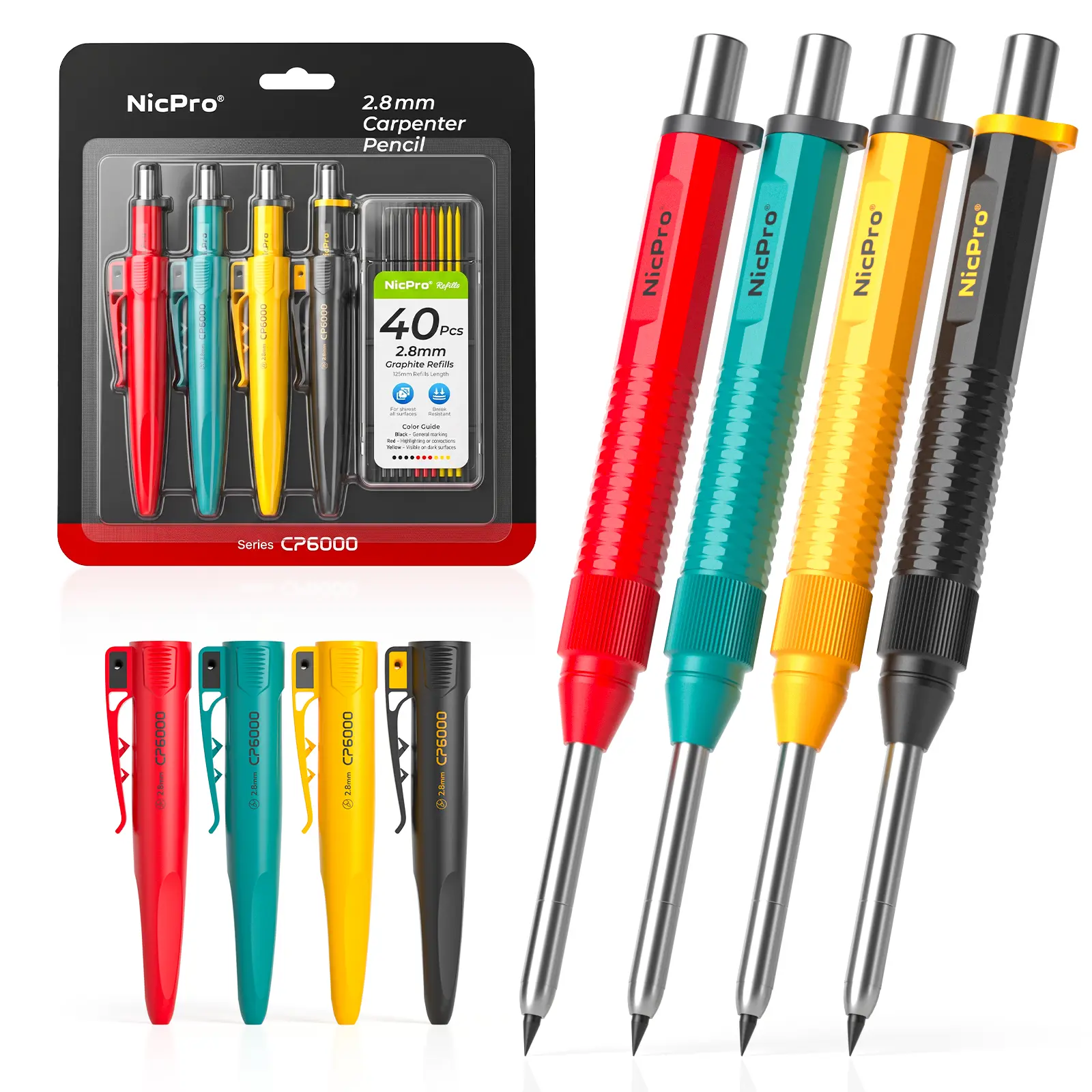 Nicpro 4 Pack 8-IN-1 CP6000 Metal Carpenter Pencils with Sharpener & Sheath, Heavy Duty Body, Deep Hole Construction Tool, 40 Refills, Carbide Scriber Tip, Durable Portable Pencils for Woodworking Marking