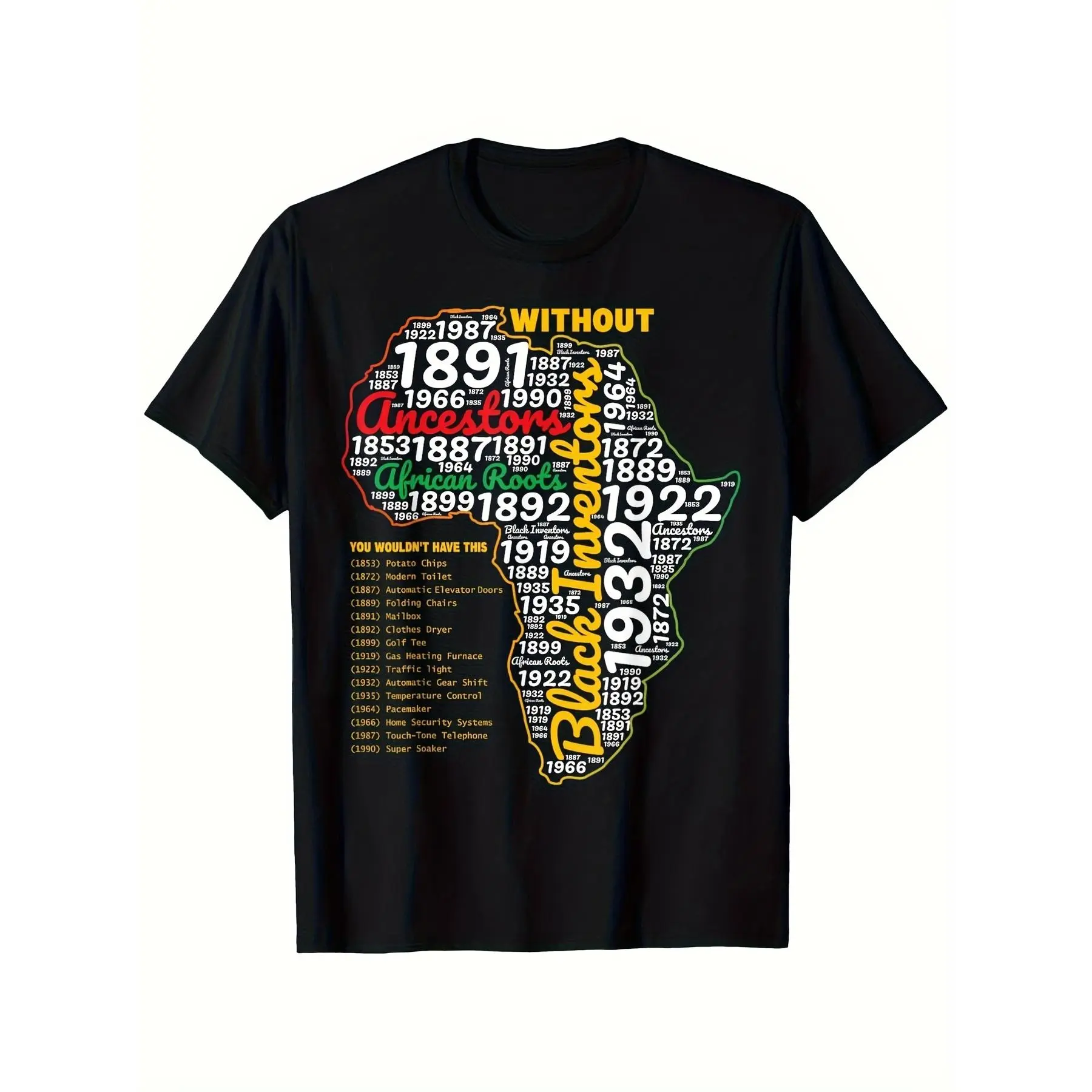 Men's Black 100% Cotton Knit Round Neck Shortsleeve Tops - BLM Unity African Inventors Graphic Print (Adds Instant Character), All-Season Fit, Plus Size, Historical STEM Design, Durable Cultural Pride Menswear, Digital Print, Foldable Basics