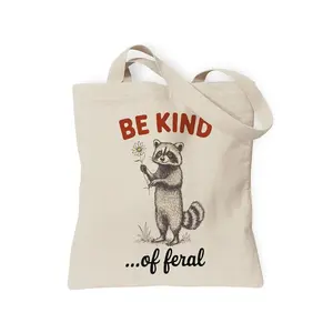 Be Kind Raccoon Canvas Tote Bag, Cute Animal Positive Quote Reusable Shopping Bag Aesthetic Gift