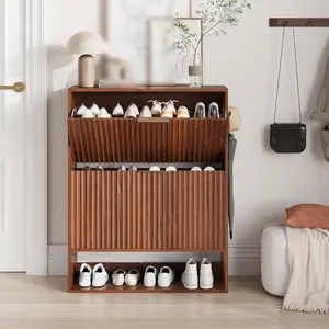 Slim Fluted Shoe Storage Cabinet – 2 Turn Drawers, Freestanding Modern Organizer with Doors, Narrow Space-Saving Shoe Rack for Entryway, Hallway, or Foyer,  Easy Assembly,