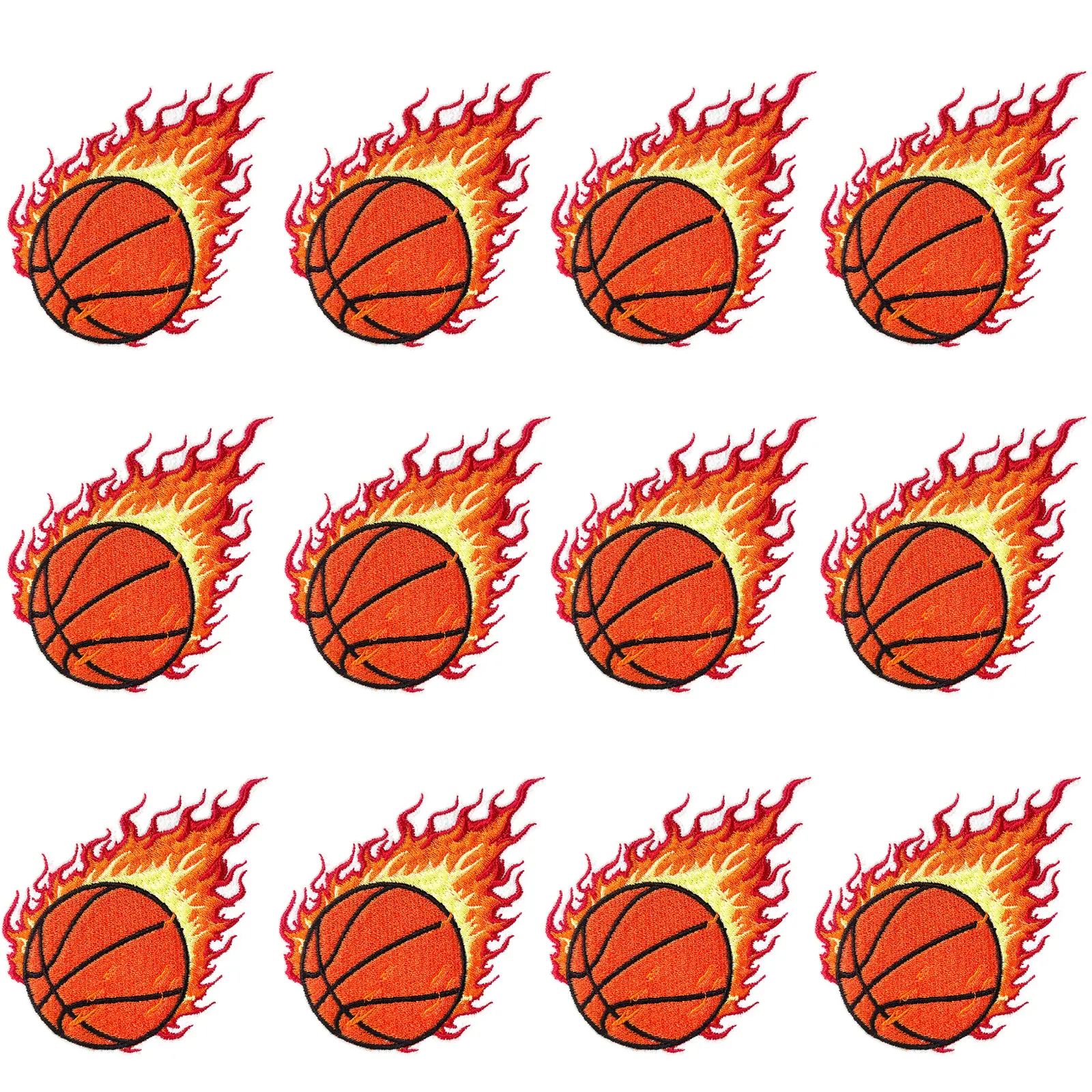 12Pcs Cotton Embroidered Iron-On Applique Patches - Bold and Sporty Basketball, Volleyball Designs with Flaming Fire - Multi-Use for Clothes, Jeans DIY Decoration Sewing & Haberdashery Supplies