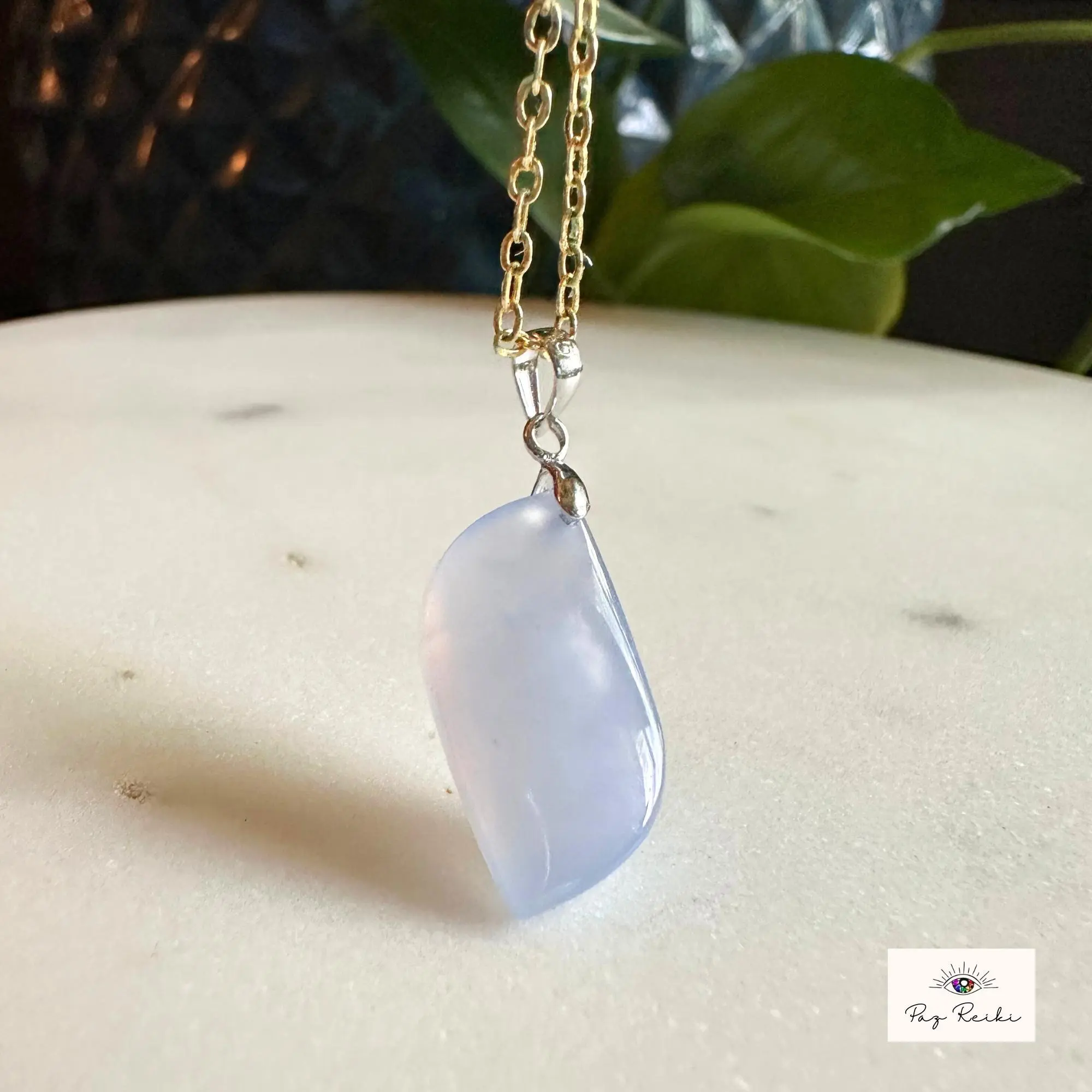 Paz Reiki Blue Chalcedony Crystal Pendant 18k Gold Loop for Communication Calm Necklace - Healing Reiki Energy