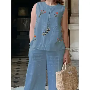 Chinese-style embroidered women's outfit, breathable vest and pants set - two-piece casual elegant suit