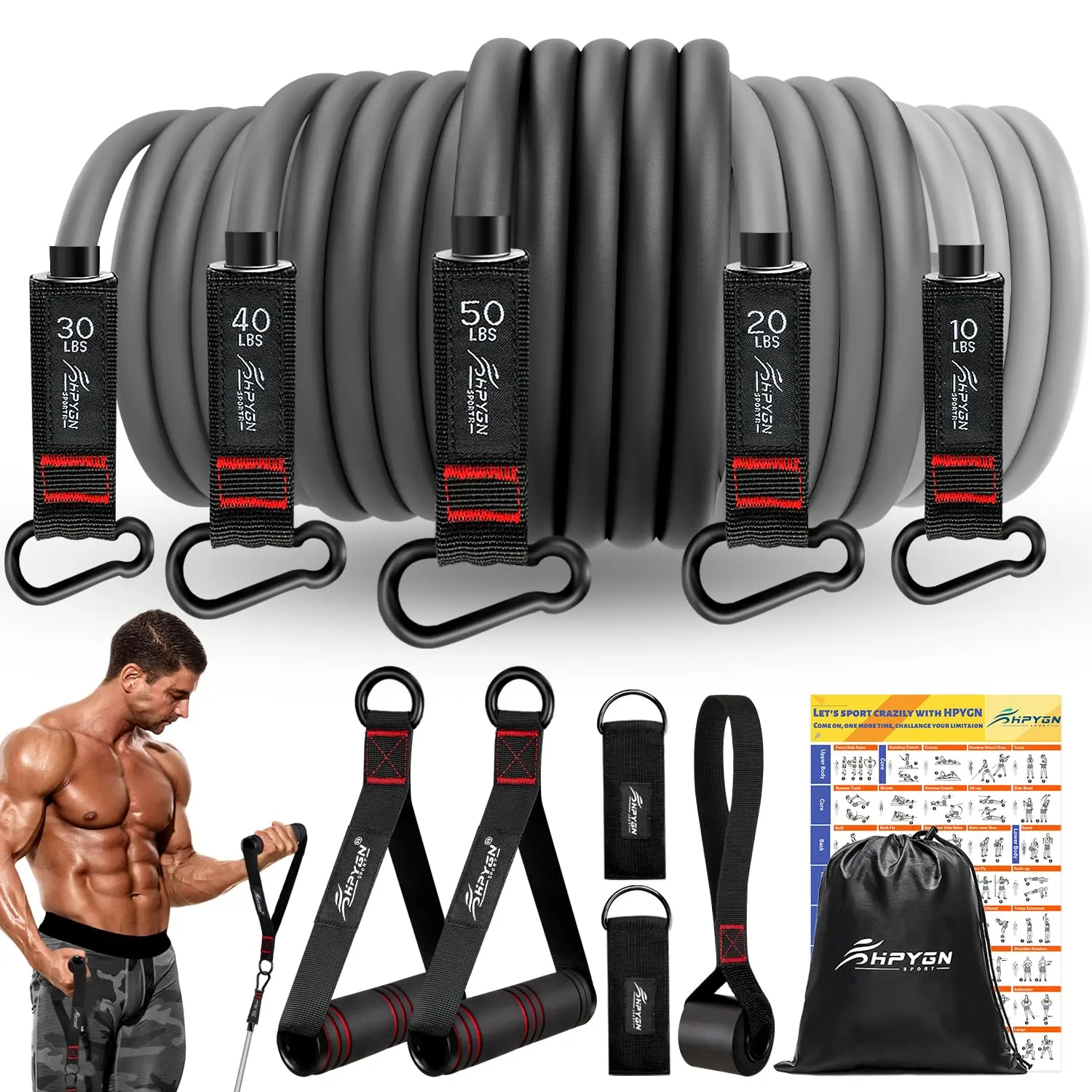 Resistance Bands with Handles, 5 Levels (10–50 lbs), Door Anchor & Ankle Straps – Home Workout Set