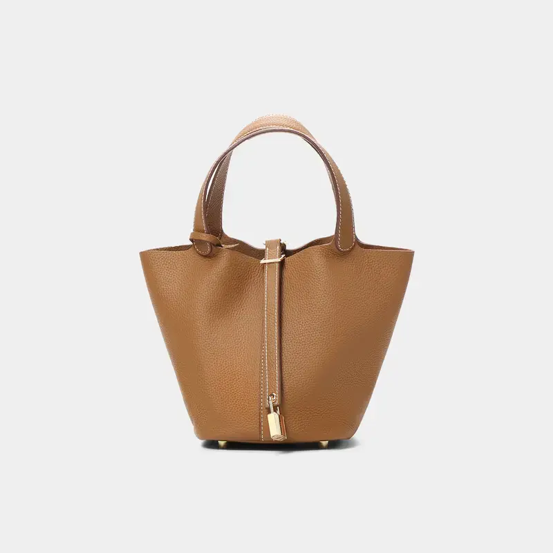 SADI Women's Genuine Leather Basket Tote Bag - Tan Brown, Spacious, Lock Closure, Top Handle, Daily Use Bag for Commute, Chic Minimalism, Daily Use Bags