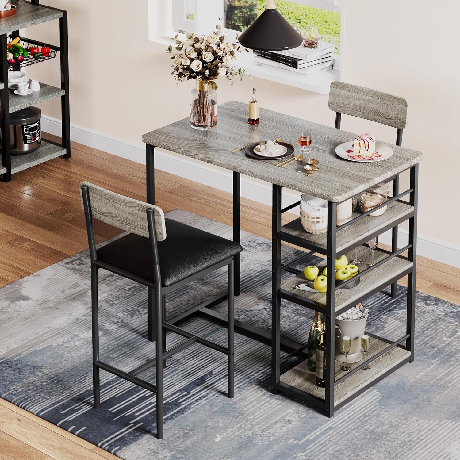 Small Dining Table Set for 2 with Upholstered Bar Stools, Counter Height Kitchen Table Set with 3 Storage Shelves, Bar Table and Chairs Set for Studio