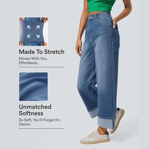 Halara Flex High Waisted Pockets Rolled Hem Wide Leg Washed Casual Jeans #SwimWeek
