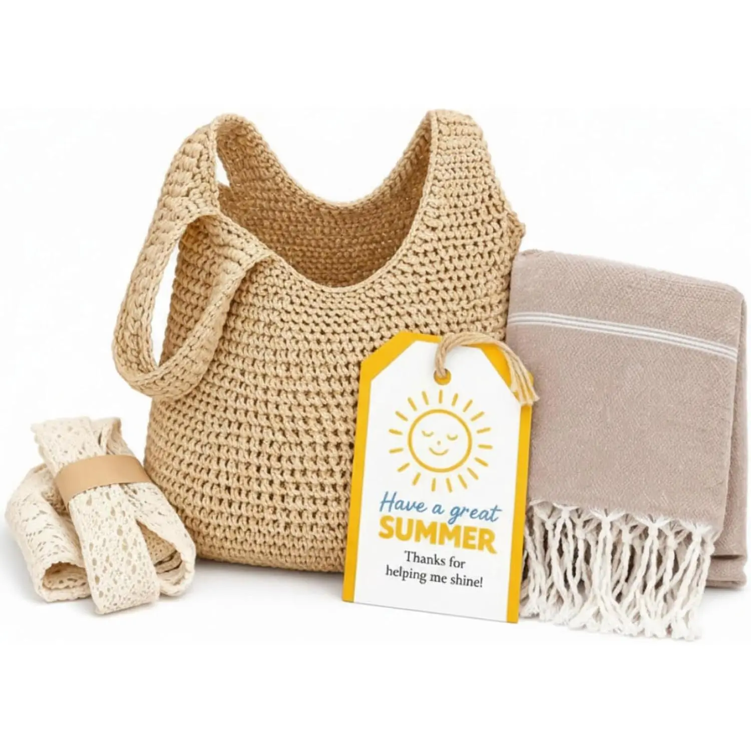 Hahafelt Women's 2-Piece Summer Gift Set - Crochet Mesh Tote Bag & Aesthetic Boho Turkish Beach Towel, Travel Essentials for Teachers' Vacation