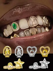 1 Pcs Gold Teeth Grillz for Women Grills for Your Teeth Men Silver Tooth Cap Grillz for Women Heart Star CZ 14K Gold Plated Tooth Jewelry Mouth Grills Hip Hop Rapper Outfits Custom Accessory Party Festival Gift Lover Friends Teeth Cover Girls Tooth Gems