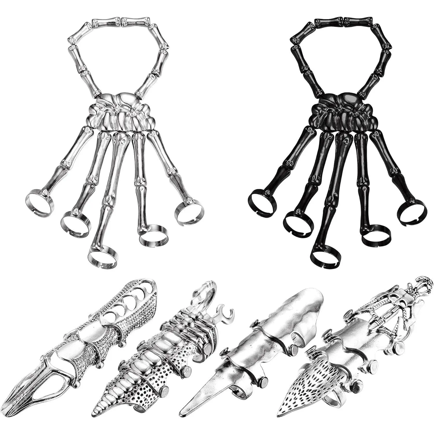 Halloween Gothic Skull Skeleton Hand Bracelet with Ring for Women Men Cool Punk Rock Knuckle Joint Full Finger Statement Ring, Vintage Retro Octopus Dragon Snake Claw Open Ring Adjustable