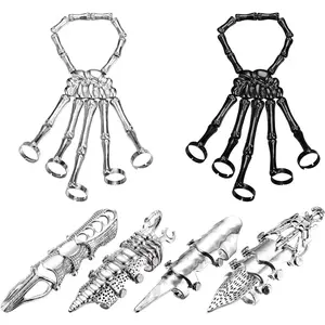 Halloween Gothic Skull Skeleton Hand Bracelet with Ring for Women Men Cool Punk Rock Knuckle Joint Full Finger Statement Ring, Vintage Retro Octopus Dragon Snake Claw Open Ring Adjustable
