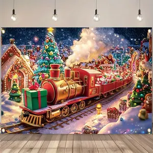 1pc 2D Flat Polyester Party Banner Backdrop, Festive Train & Town Scene with Christmas Tree & Ornaments, Durable Vivid Party Decoration Home Supply, No Electricity Needed, Suitable for Christmas, Birthday Celebrations