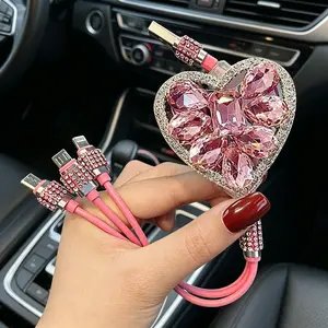 Diamond Bling Charger Cable 3-in-1 Heart Crystal Sparkly Aesthetic Girly Fast Charge Car Accessory Phone Charger Viral Gift for Her
