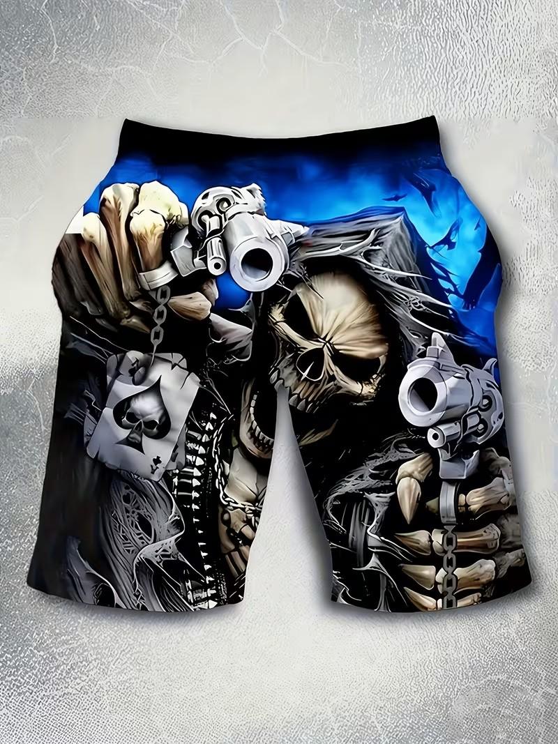 Men's Digital Print Skull and Gun Graphic Beach Shorts Lightweight Polyester Drawstring Waist Swim Trunks for Summer Swimming Gym Golf Fishing Basketball Camping Outdoor Activities Stylish Patterned Swimwear Menswear
