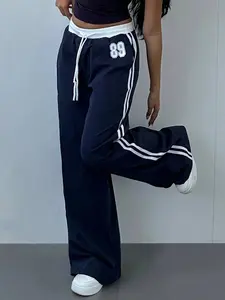 Women's Casual Drawstring Wide Leg Pants, Side Belt & Waist Design, Number 89 Print, Street Style Fashion, All Seasons Wear