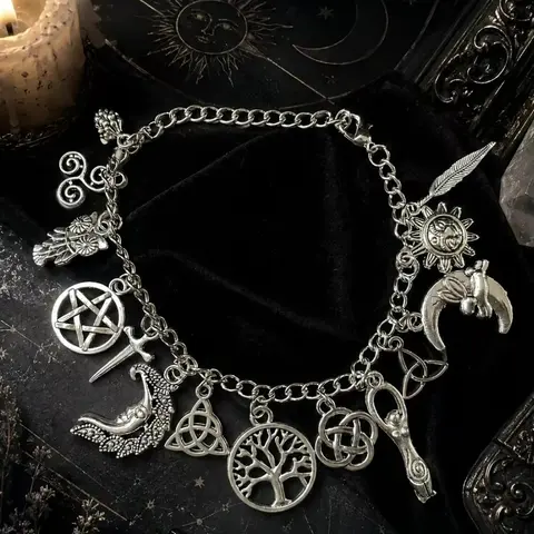 Vintage Witchy Charm Bracelet for Women, Silver-Tone Symbolic Pagan Jewelry with Celestial Moon & Sun Charms, Adjustable for Everyday Wrist Stack, Bracelets For Women, Bangle, Metal Coating