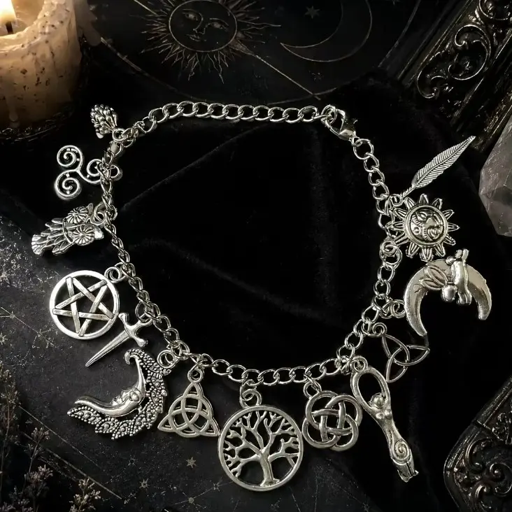 Vintage Witchy Charm Bracelet - Silver-Tone Pagan-Inspired Jewelry with Moon, Sun, Tree of Life, Owl, Pentagram Charms - Celestial Gothic Boho Gift (Celestial Theme, Dark Romance Vintage, Moon and Sun Symbol, Mystery Bracelets & Bangles), Celestia